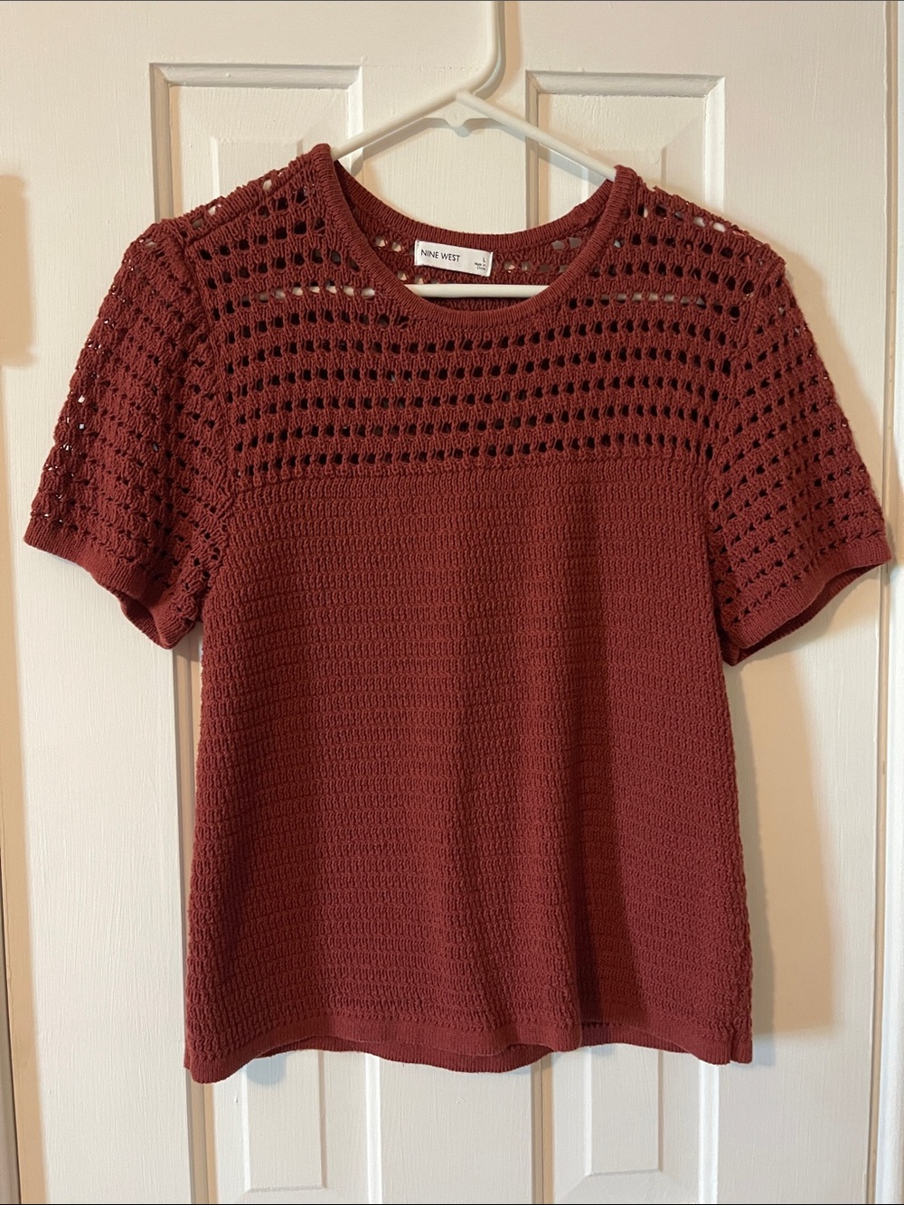 Nine West Crocheted Short Sleeve Top - Rust Brown